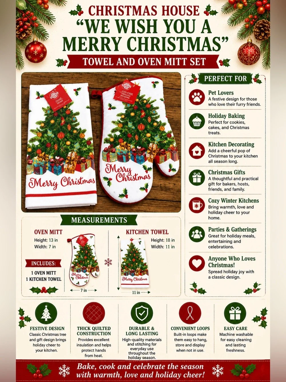 Christmas House “We Wish You A Merry Christmas” Towel and Oven Mitt